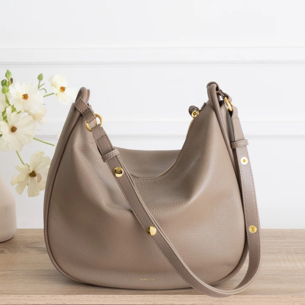 aallyn - Taupe Leather Shoulder Bag with Gold Hardware